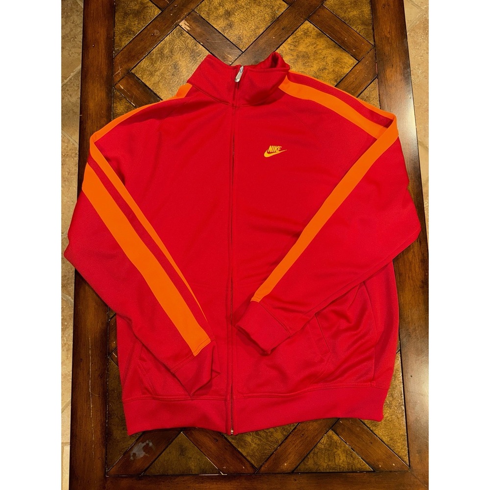 Nike Jacket Mens XL Red Orange Stripe Logo Swoosh Running Football Full Zip Y2K